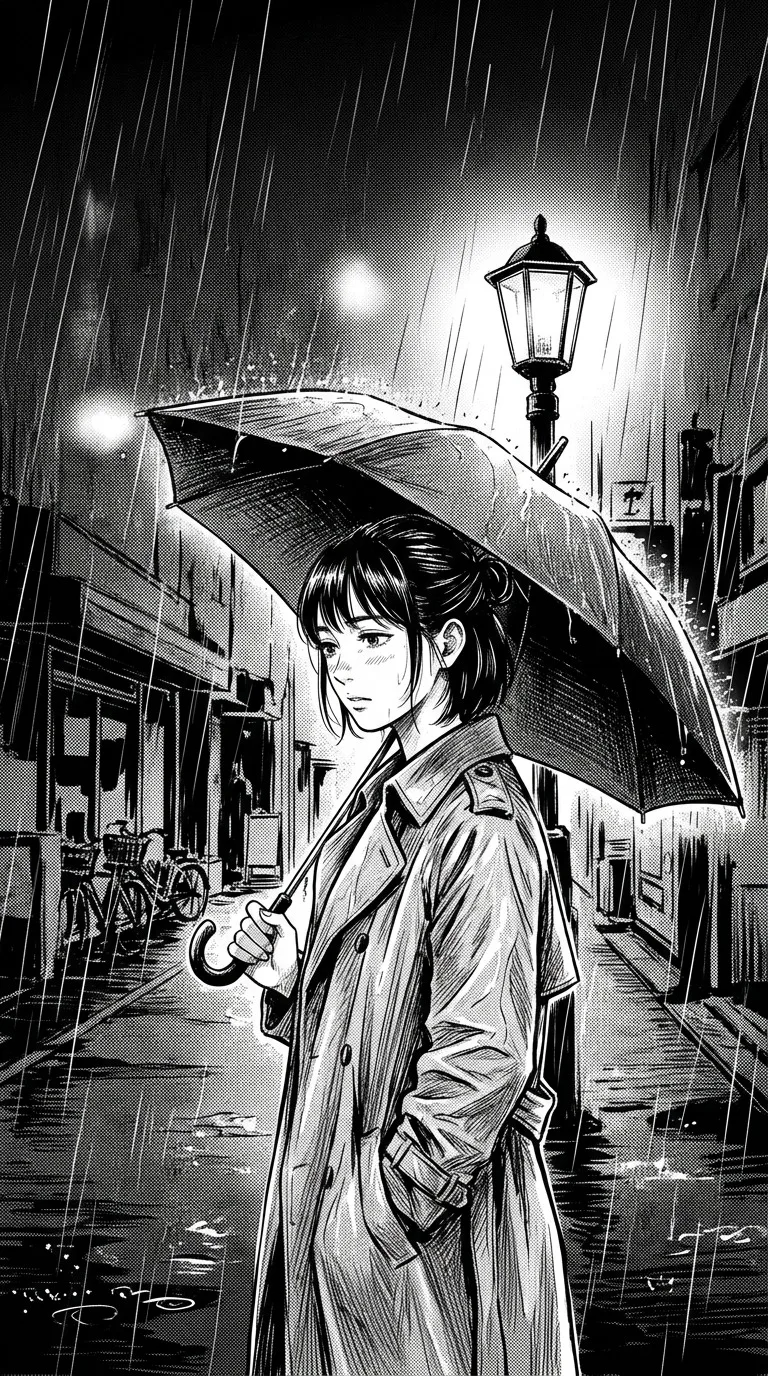 An original adult character holding a plain umbrella beneath a streetlamp, face shown in three-quarter profile, deep rainy background