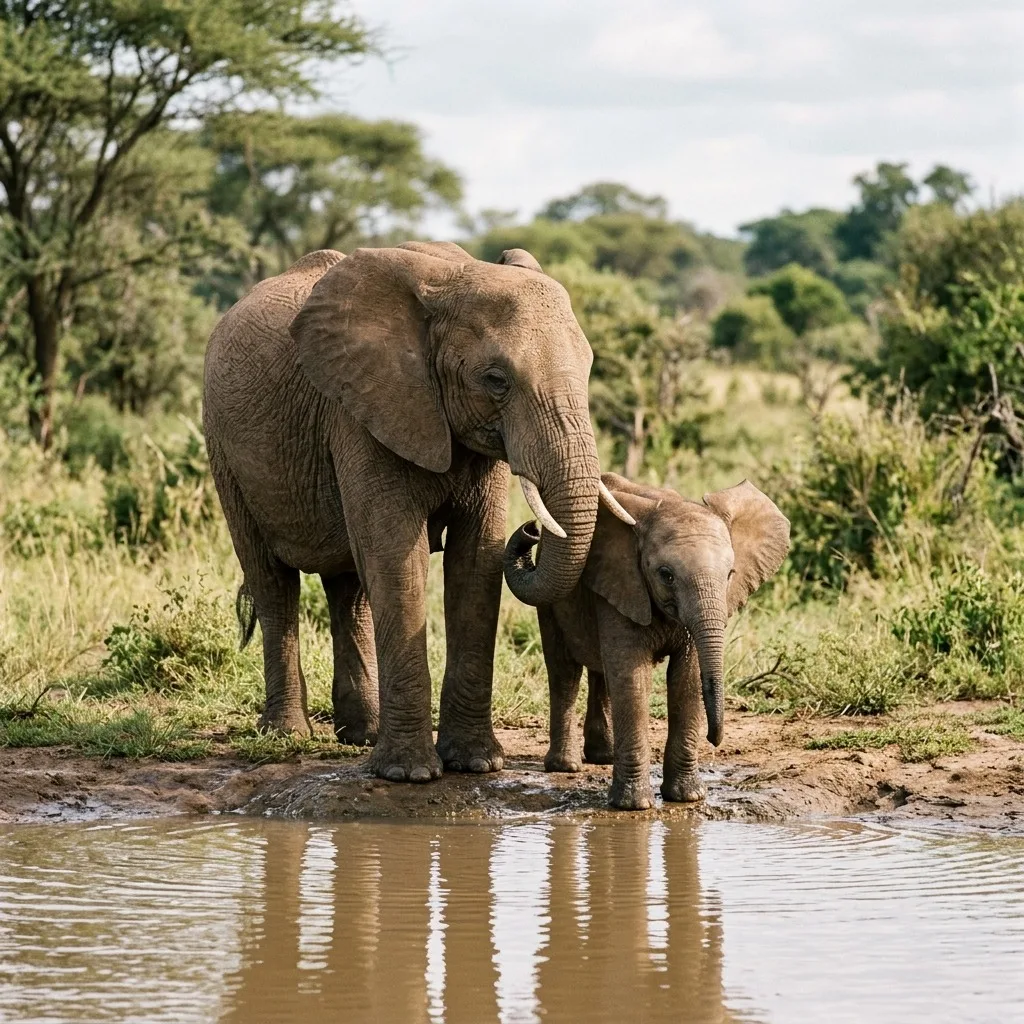 Baby elephant beside its mother at a waterhole