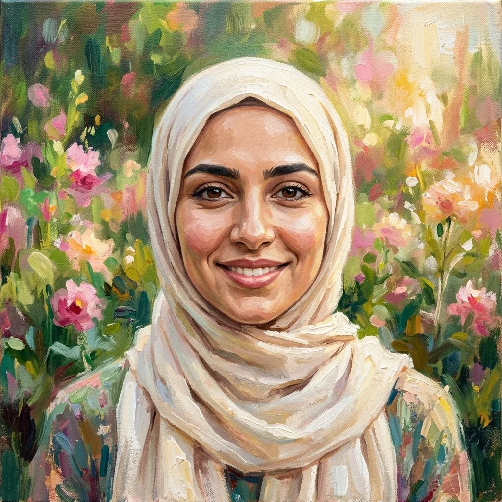 An adult woman with cream hijab and soft garden bokeh