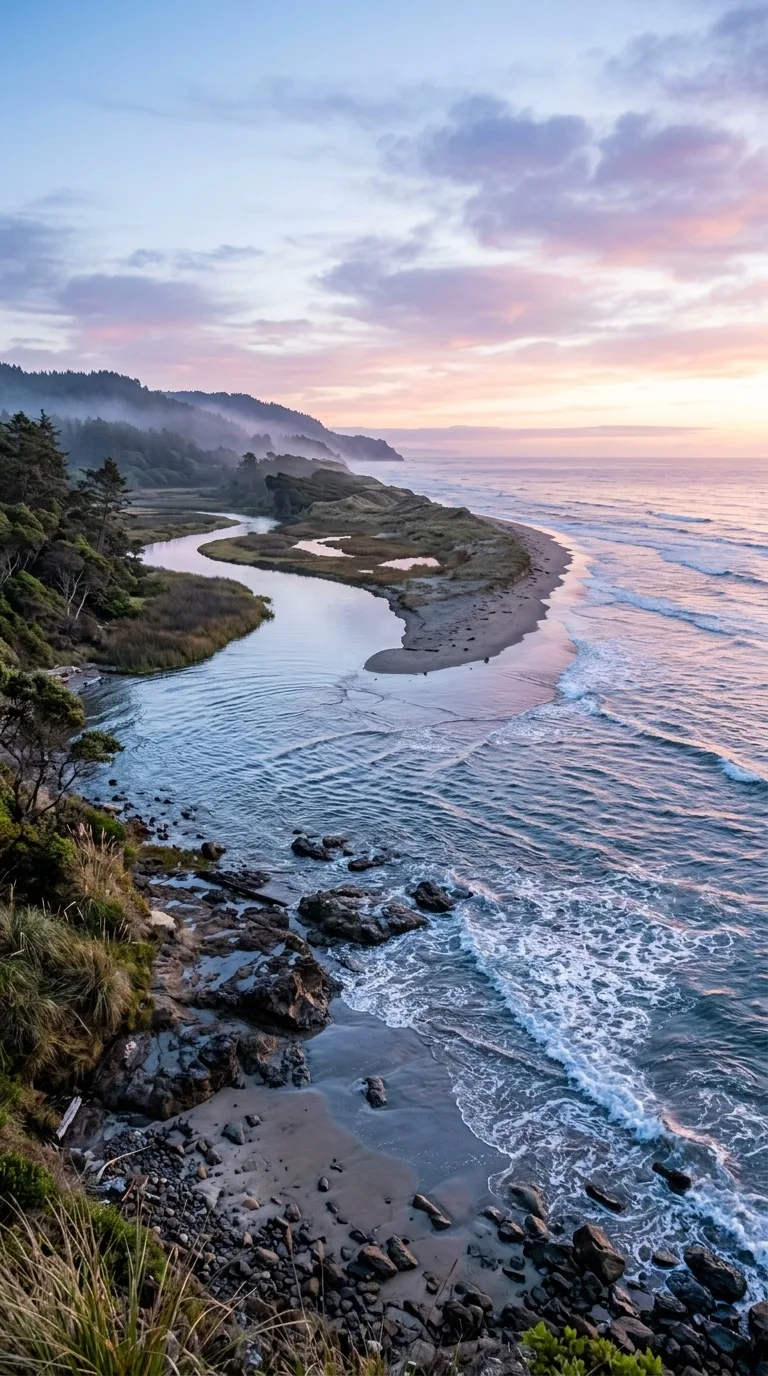 A tidal river meeting the ocean.