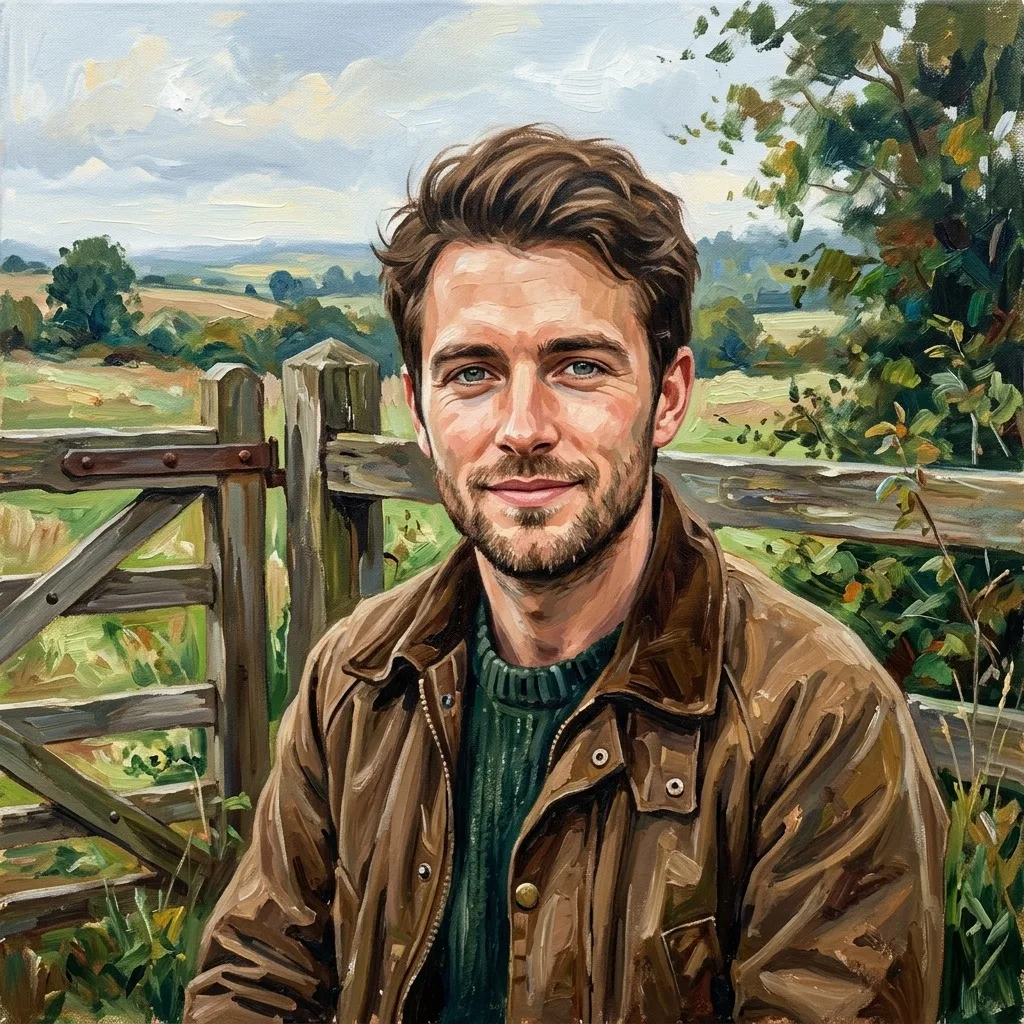 An adult man with brown jacket beside a countryside gate