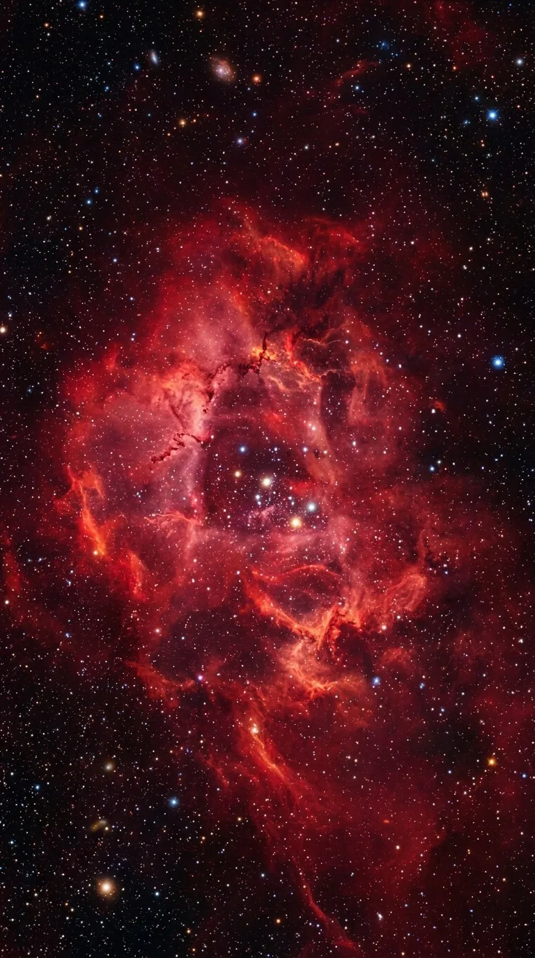 A star nursery with glowing crimson dust.
