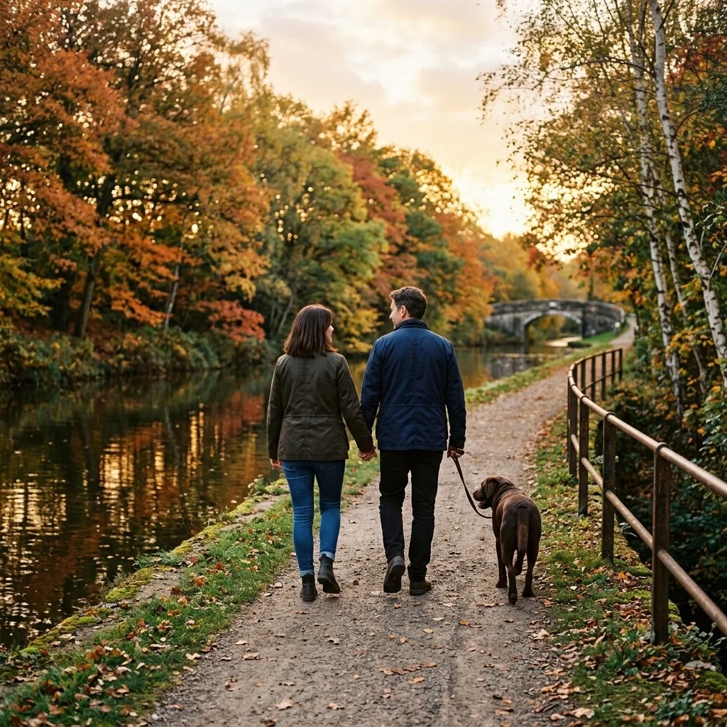 Adult couple walking a dog along an autumn canal
