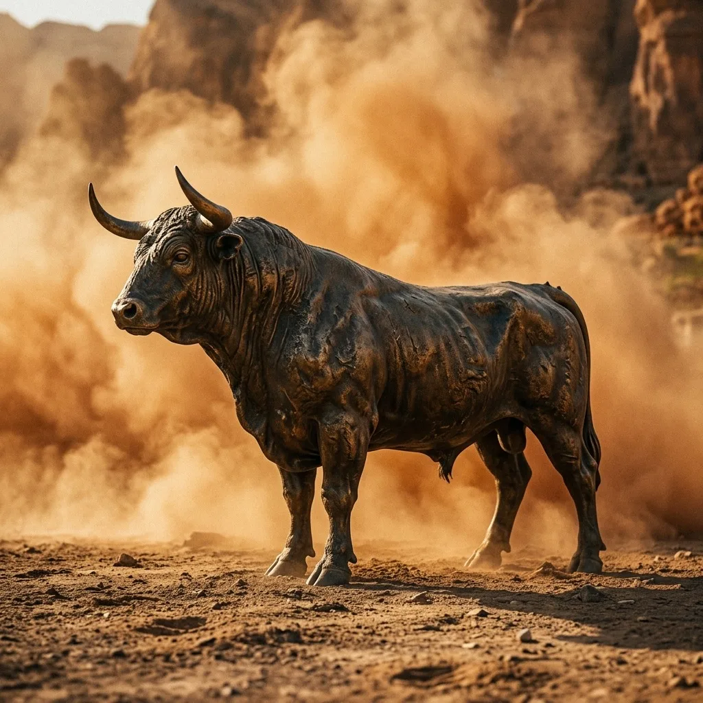 Bronze bull against warm dust