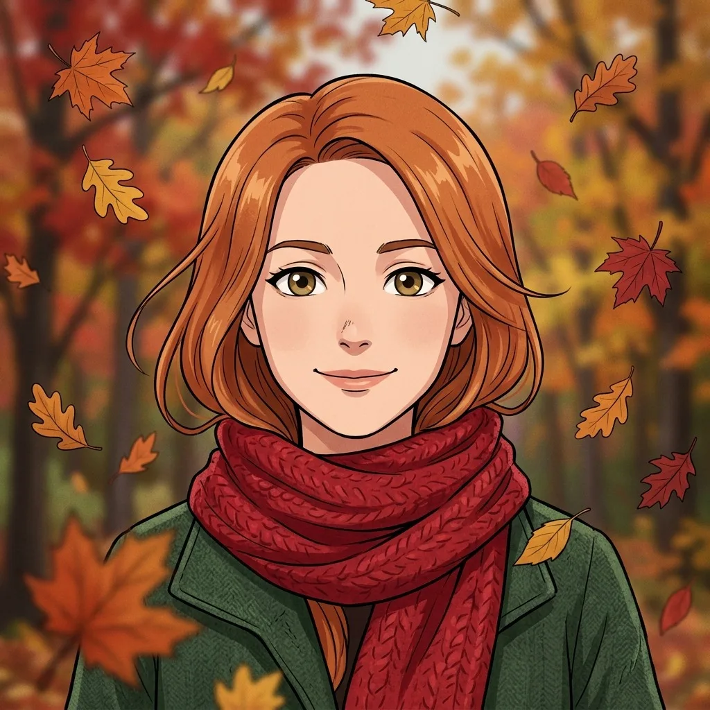 An adult woman with red scarf amid falling autumn leaves