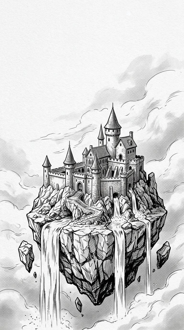 A completely original small castle on a floating rocky island, cascading streams and airy clouds, detailed crosshatched architecture