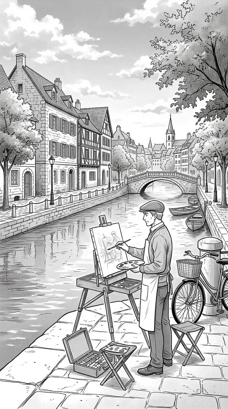 An adult painter beside a city canal.