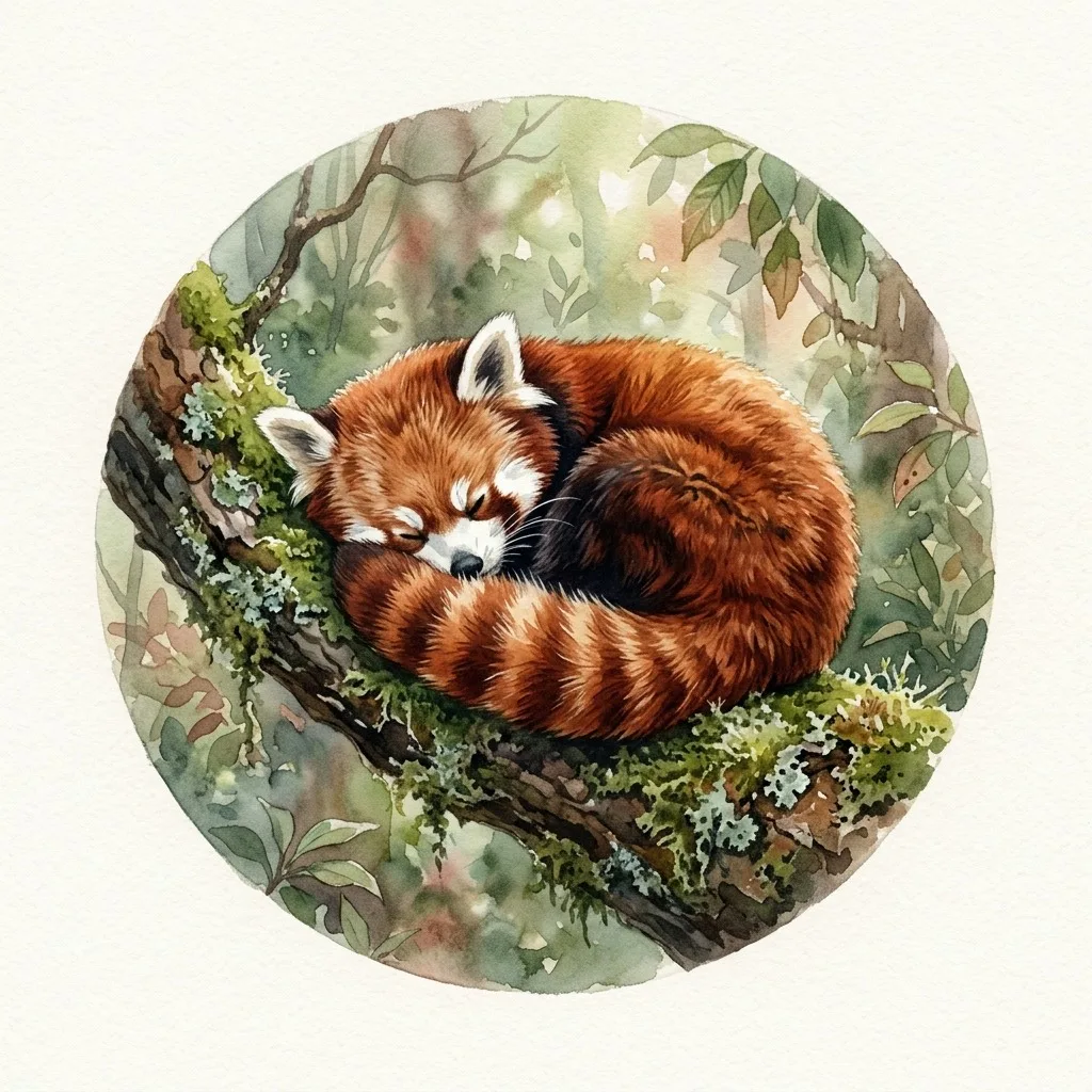 Red panda curled on a mossy branch