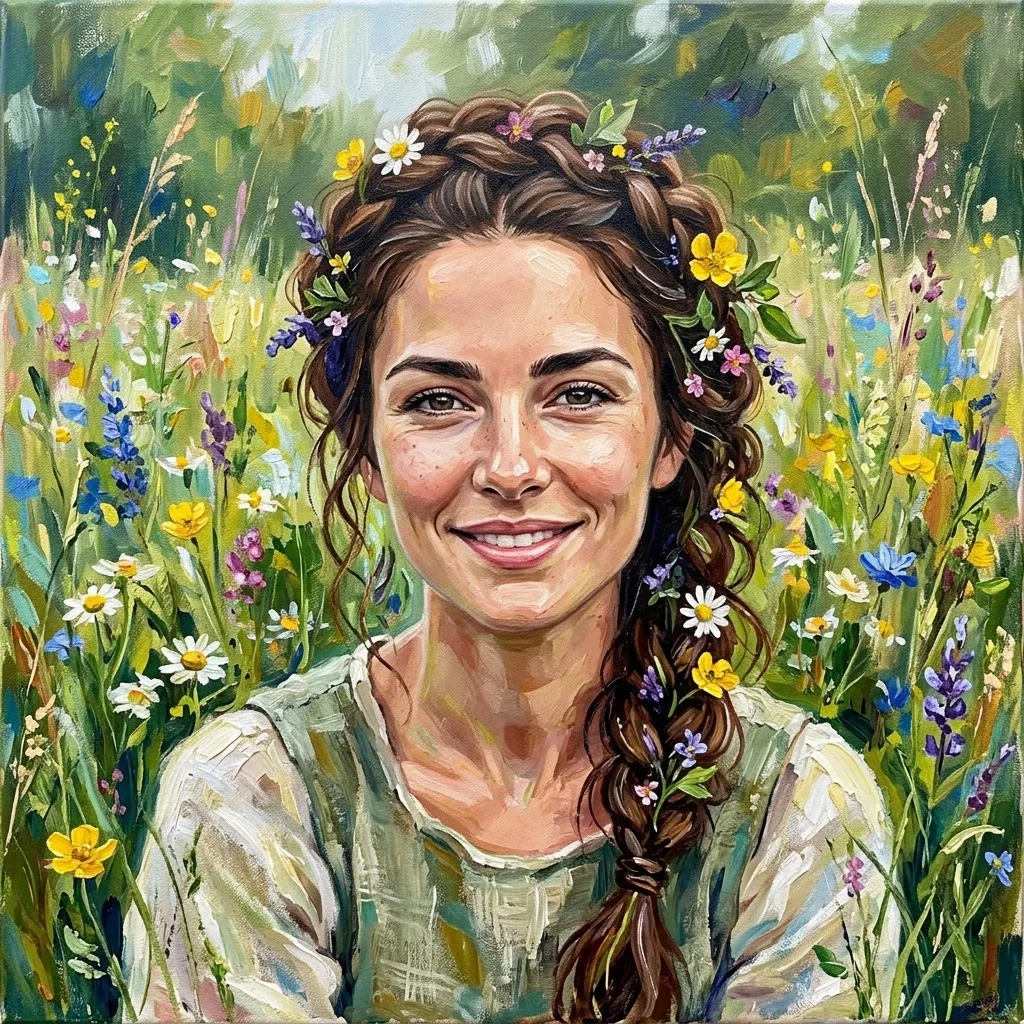 An adult woman with braided hair with wildflowers at meadow