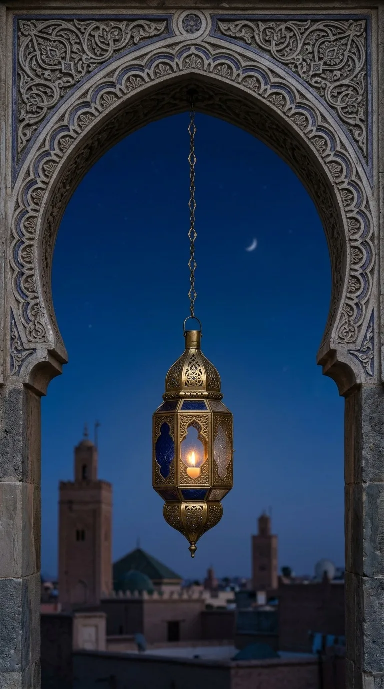 A brass ramadan lantern suspended beneath an ornate arch.