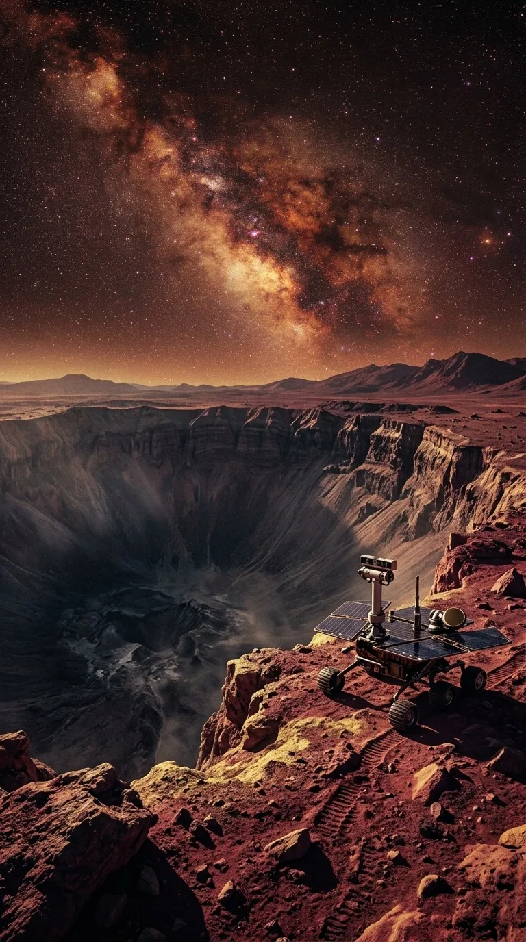 A small rover beside a vast crater.