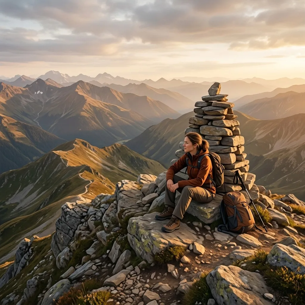 Hiker resting beside a summit cairn