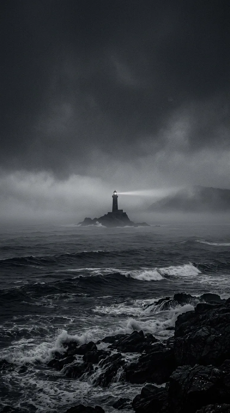 A distant lighthouse in sea fog.