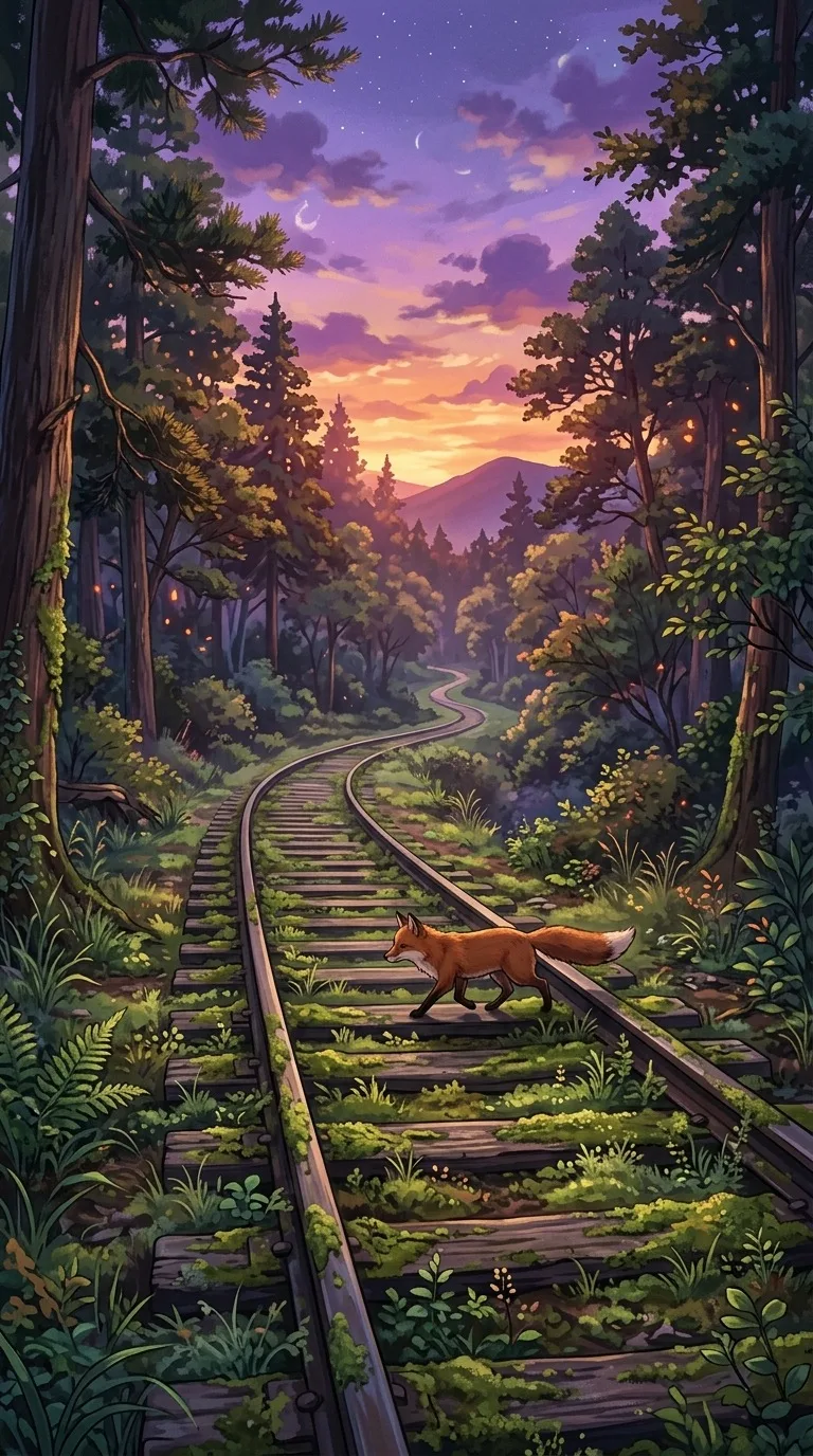 A red fox crossing a moss-covered railway.