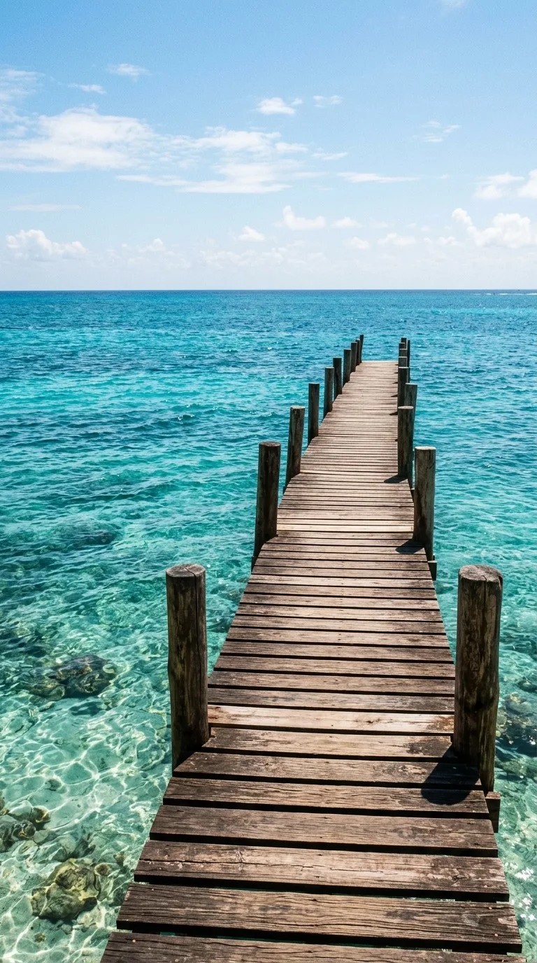A wooden pier stretching into blue water.