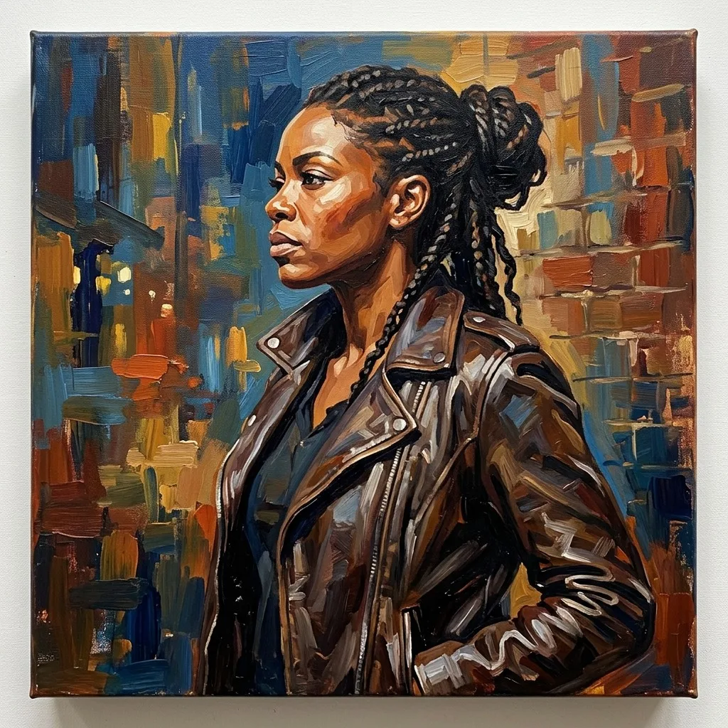 Confident adult woman with braided hair and leather jacket