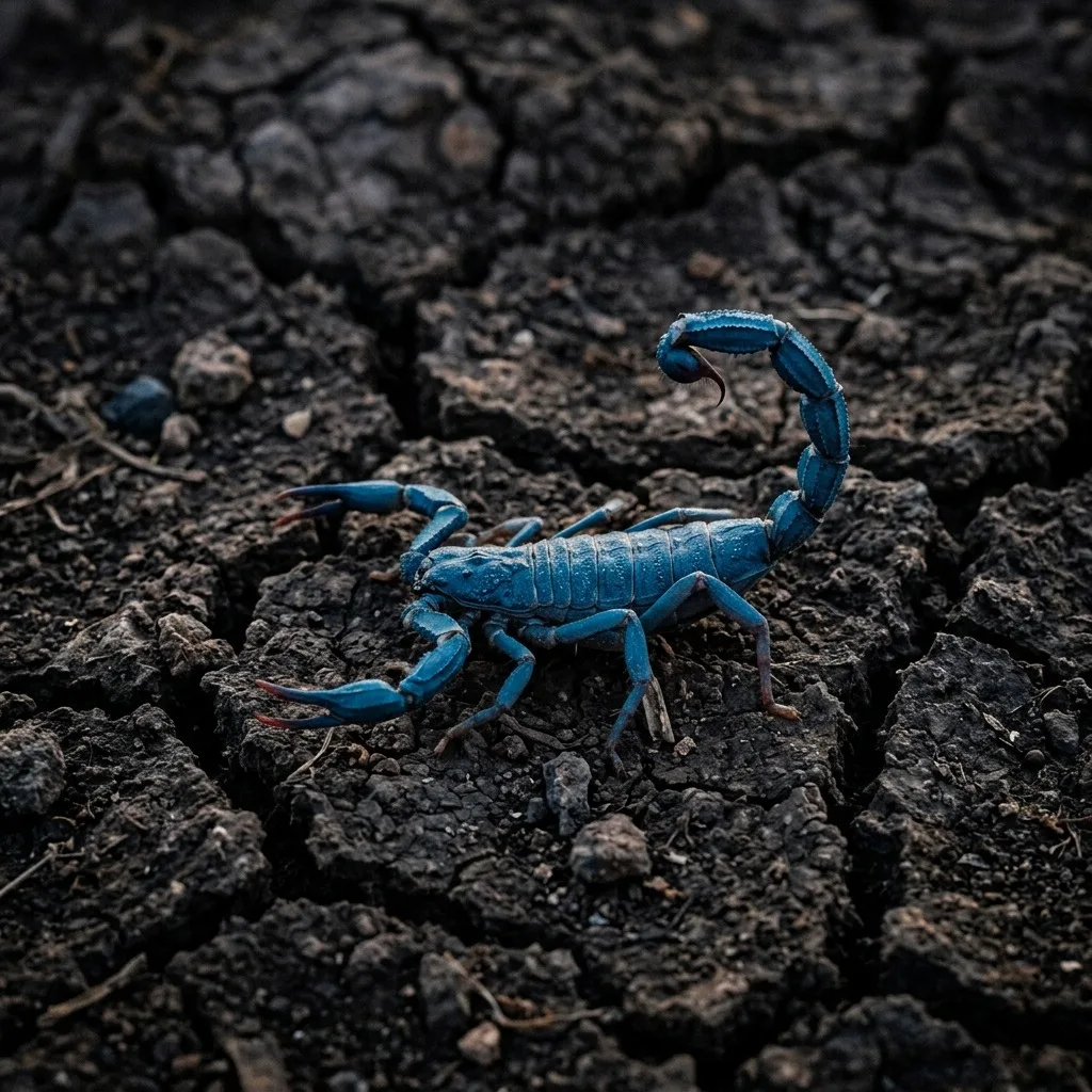 Blue scorpion on dark cracked earth