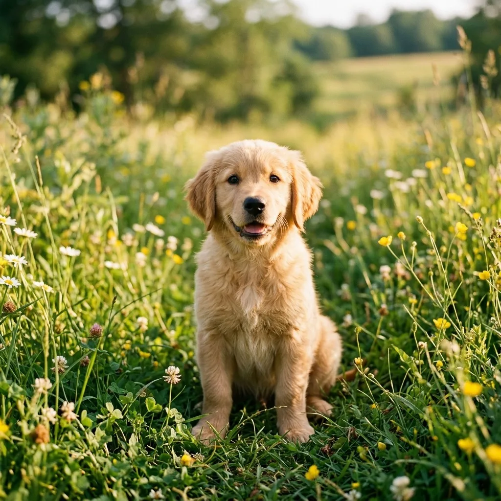 Golden retriever puppy in a meadow