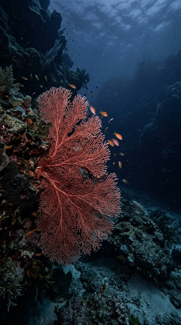 A red sea fan against blue depths.