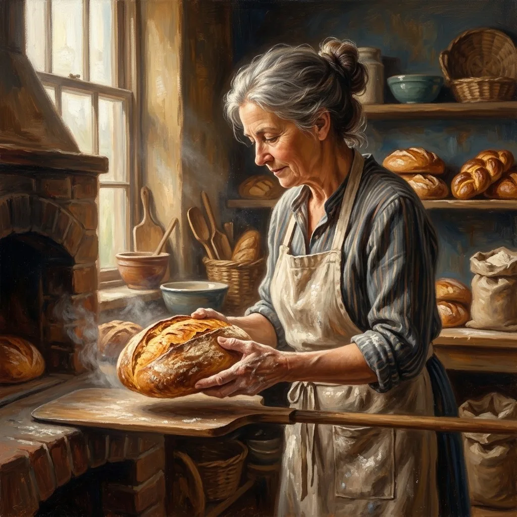 Baker lifting a golden loaf in morning light