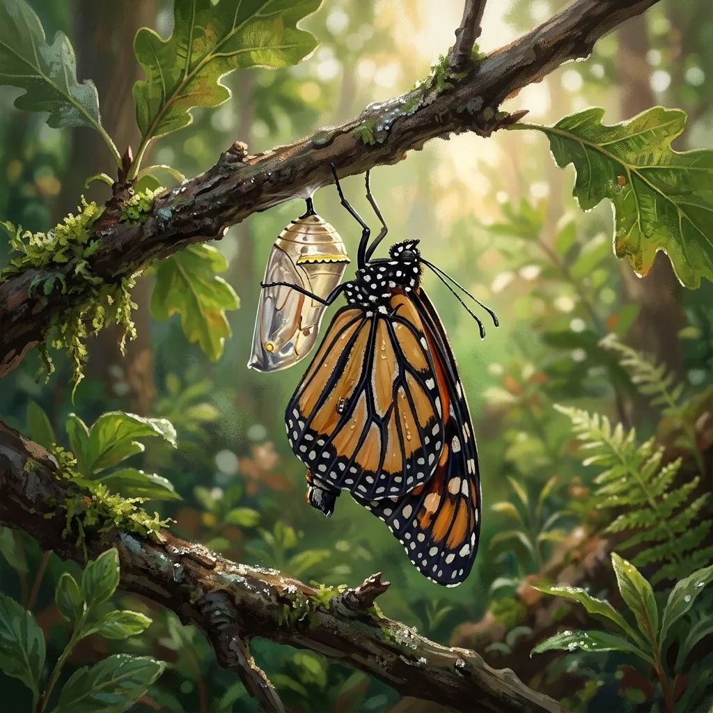 Butterfly emerging from a chrysalis on a branch