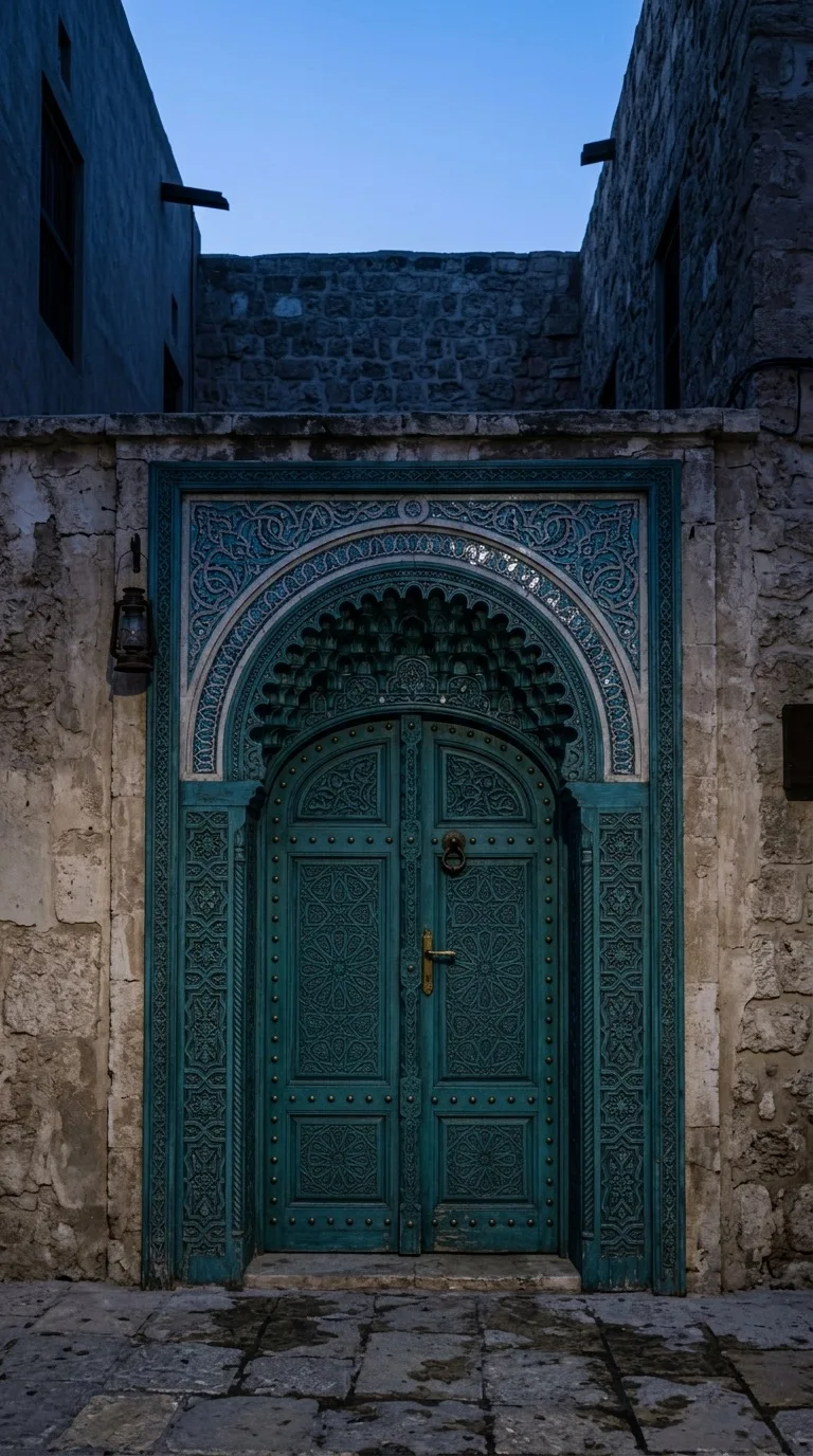 A turquoise ornamental doorway with carved geometric details.