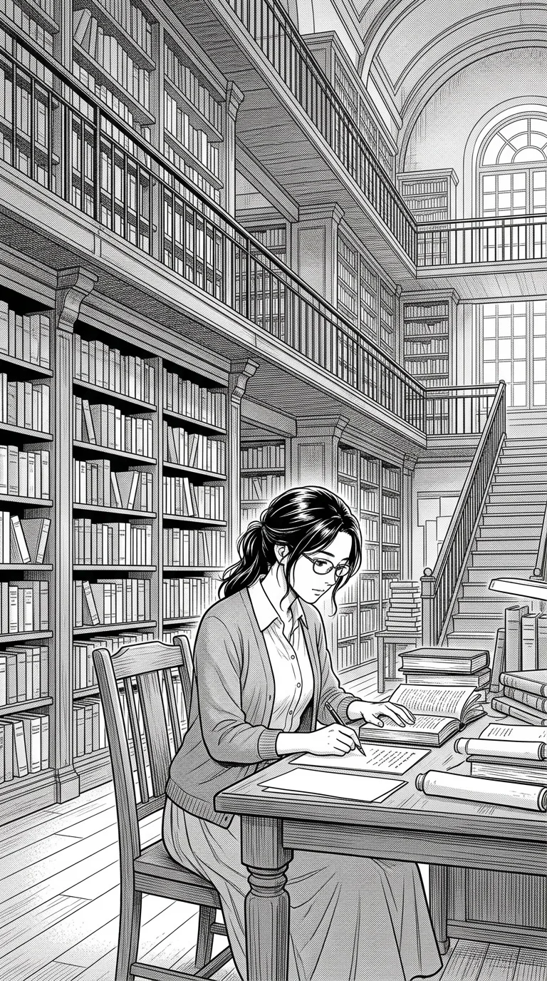 An adult scholar among towering bookcases.