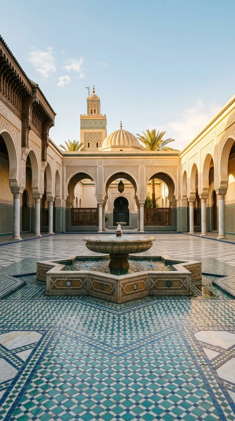 A turquoise tiled mosque courtyard with a single fountain.