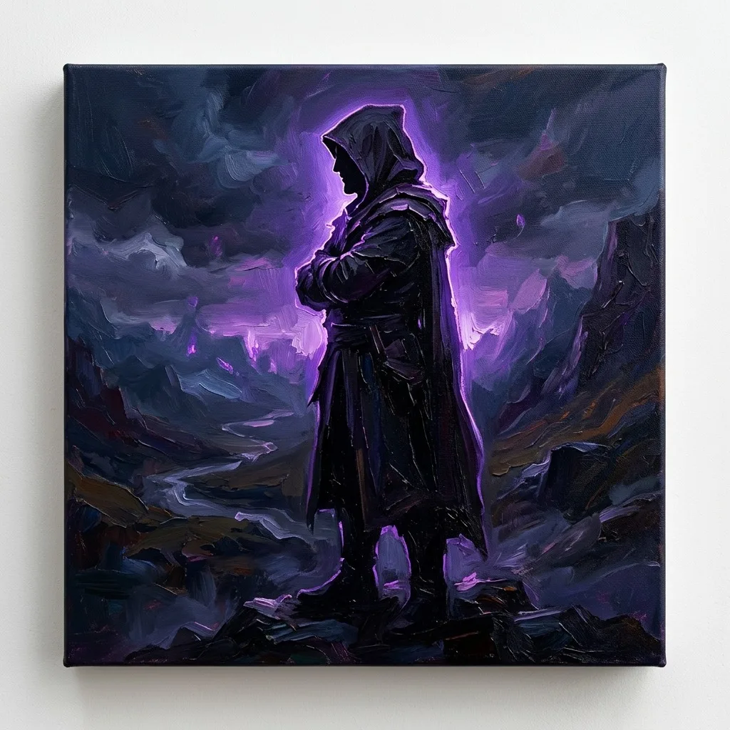 Hooded adult silhouette with purple backlight