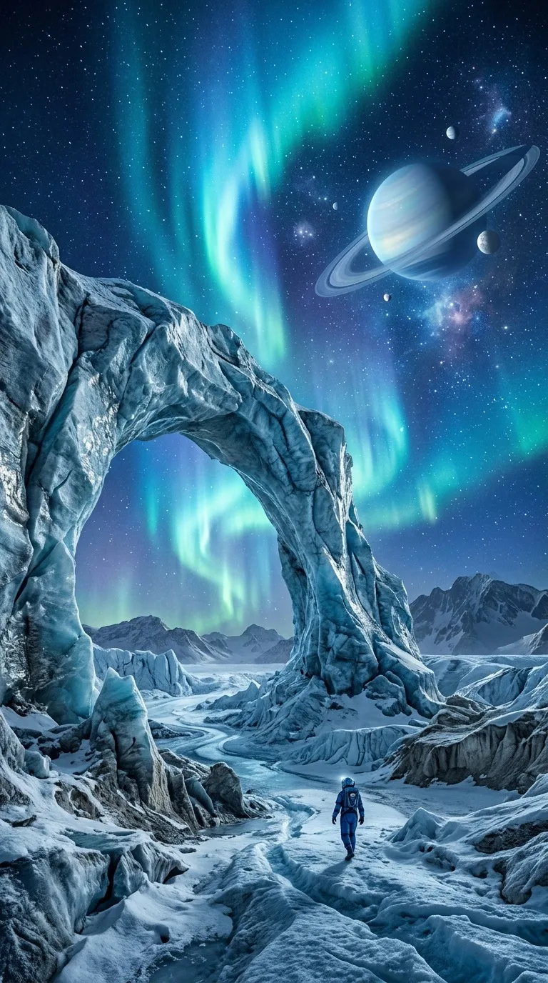 A glacial arch beneath an aurora on an alien moon.