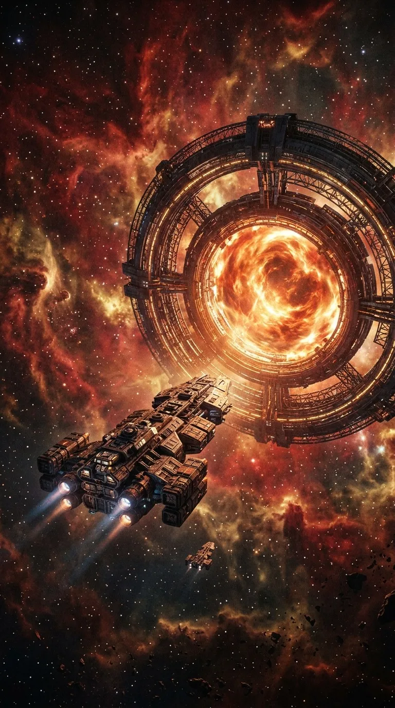 A starship approaching a luminous space gate.