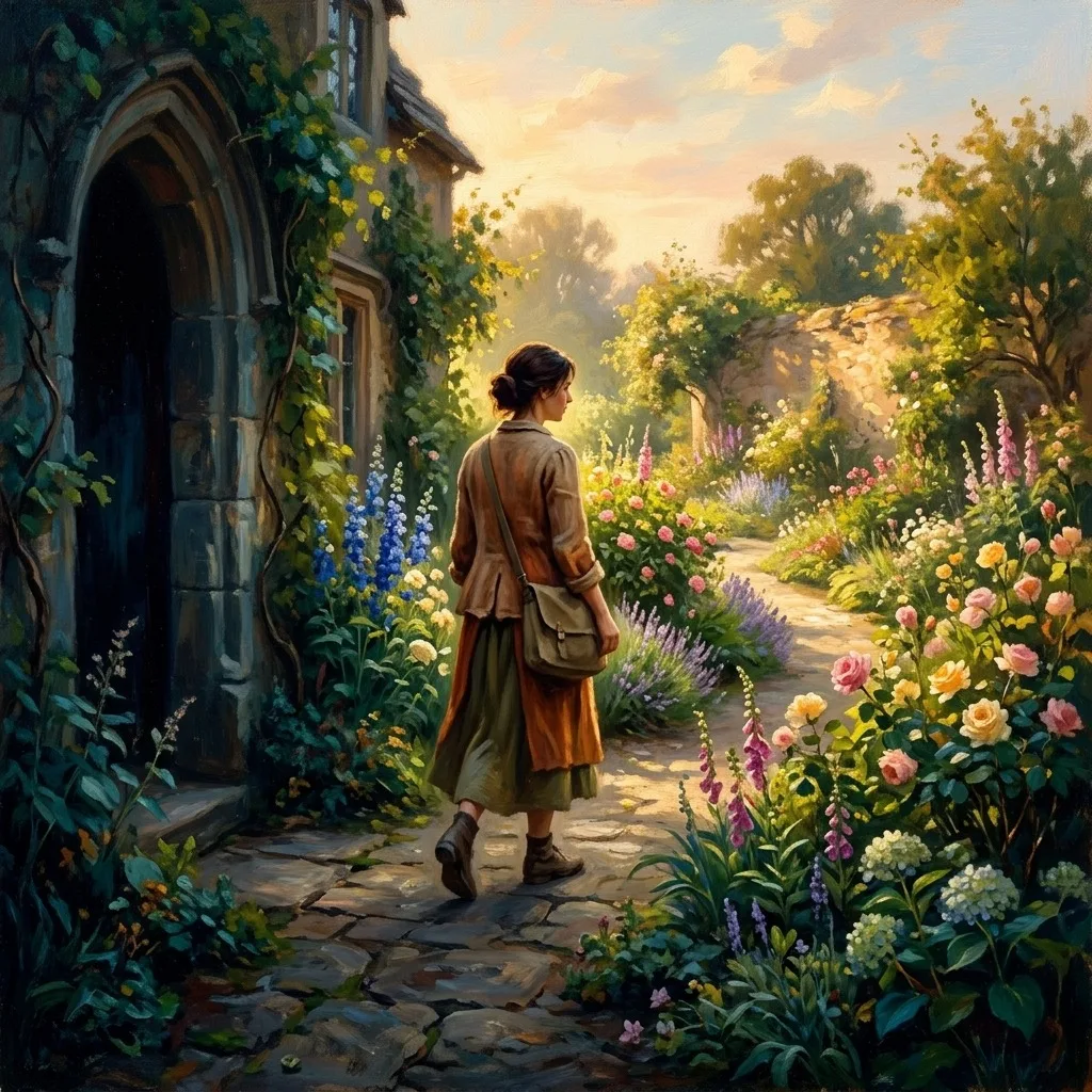 Person walking from shadow into a bright garden