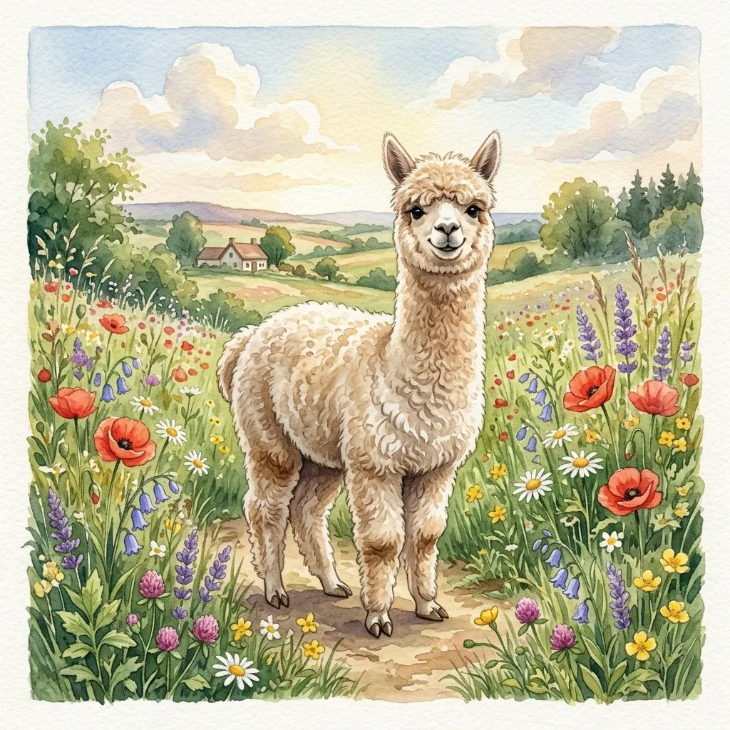 Alpaca in a flower meadow