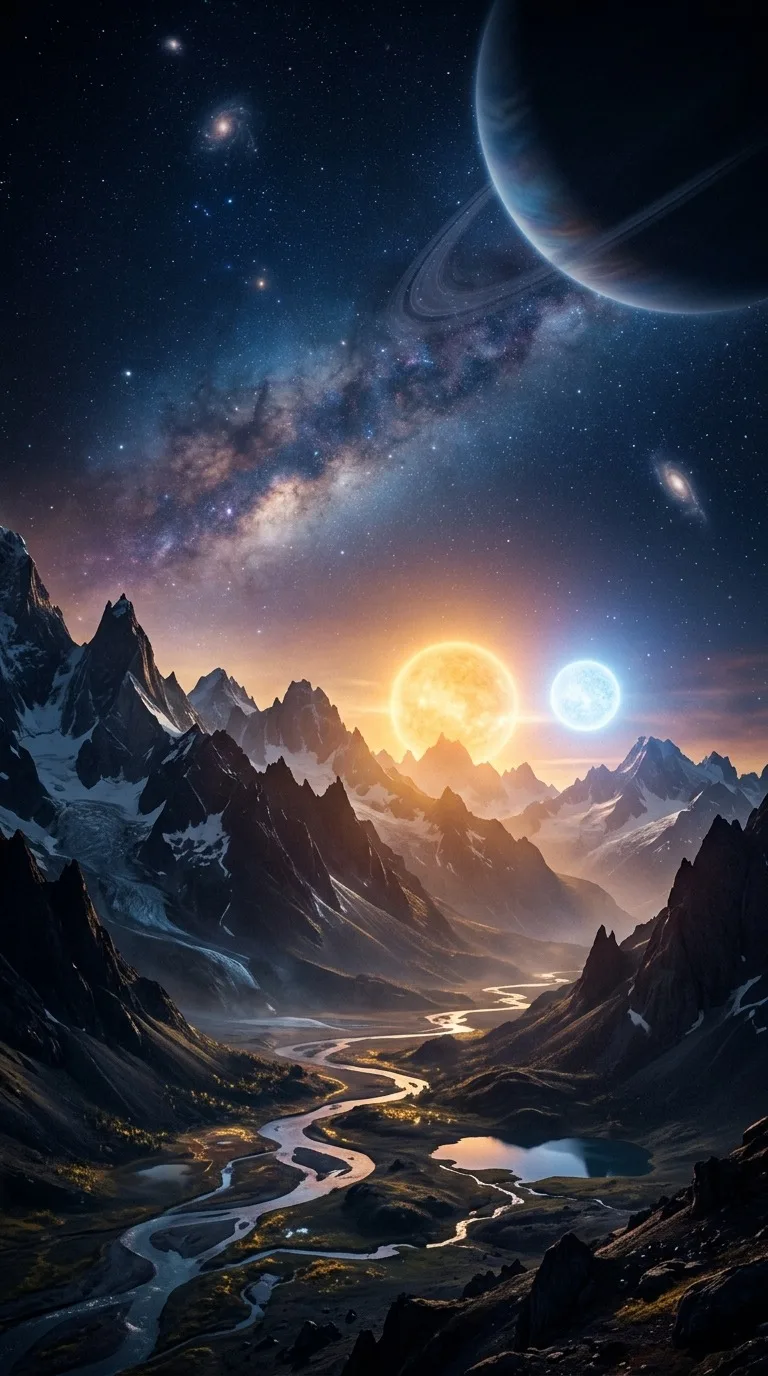 A binary star sunrise over alien mountains.