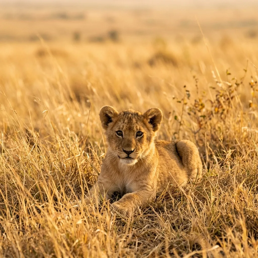 Lion cub in golden grass