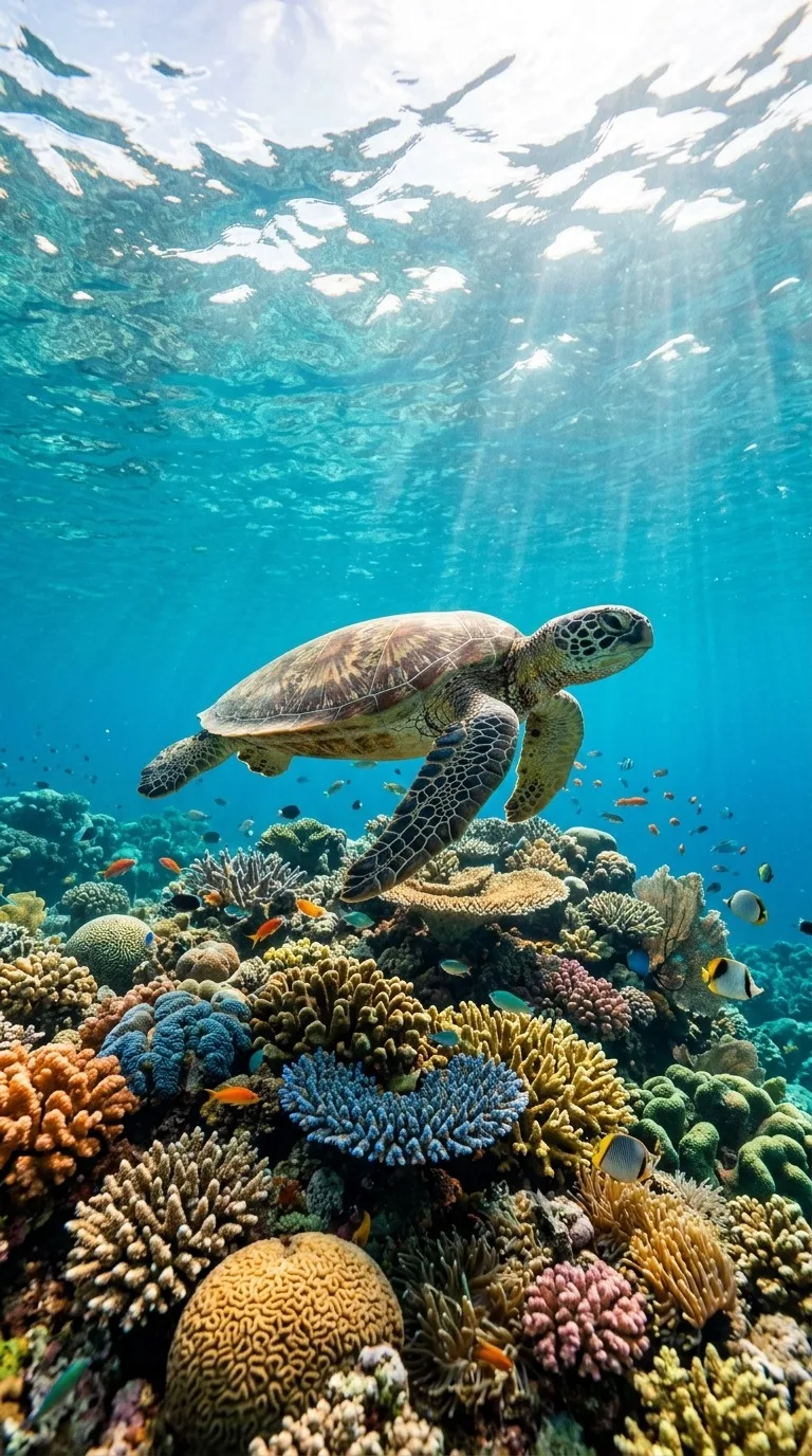 A sea turtle above colorful coral.
