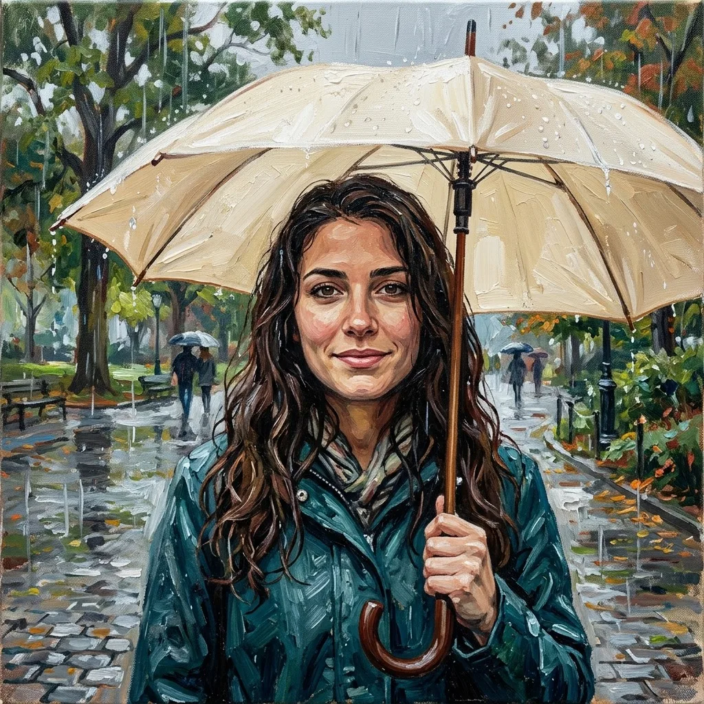 An adult woman with long dark hair and cream umbrella in rain