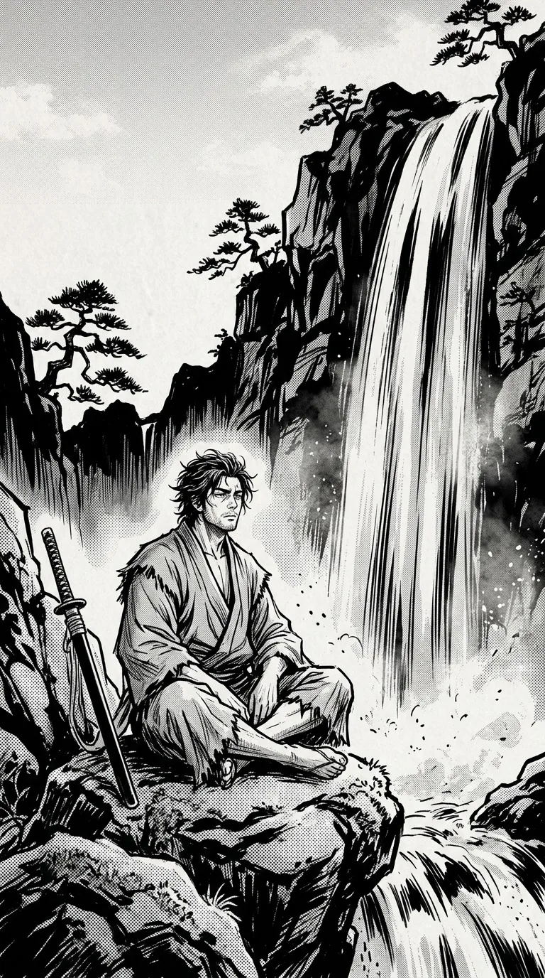 An original adult swordsman resting beside a waterfall with the sword safely sheathed, loose robe, strong vertical water strokes