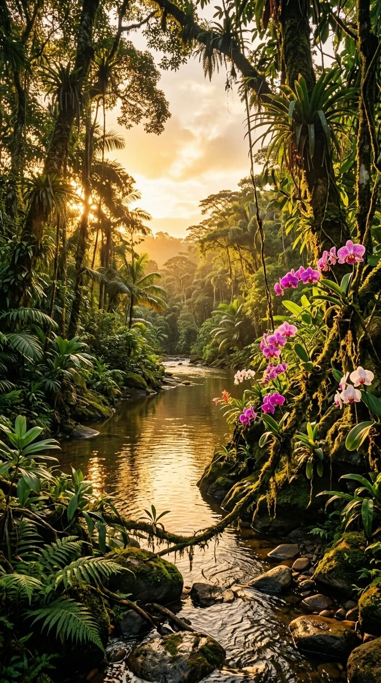 Tropical jungle river with orchids.