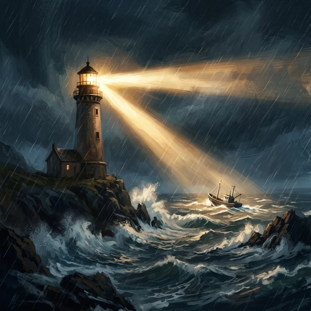 Lighthouse beam crossing a stormy sea