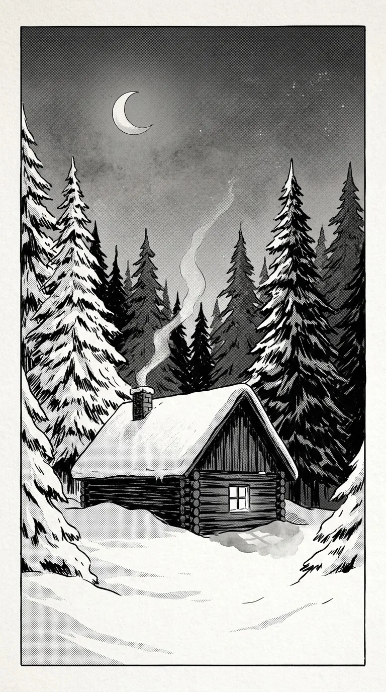 A small timber cabin surrounded by deep snow, thin chimney smoke and tall fir trees, pale moonlit sky