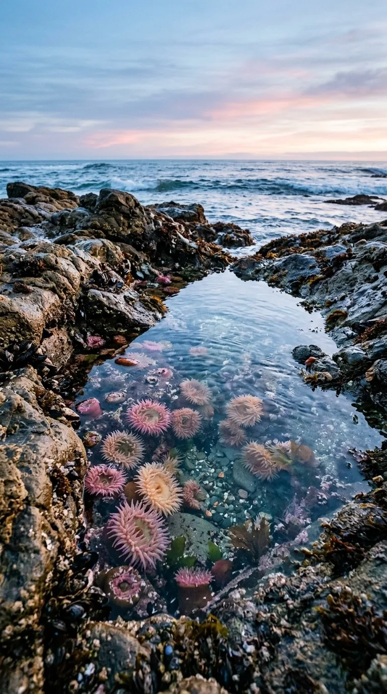 A rocky tide pool with anemones.