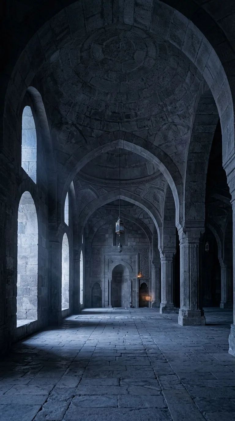 A stone prayer hall with shafts of light and no people.