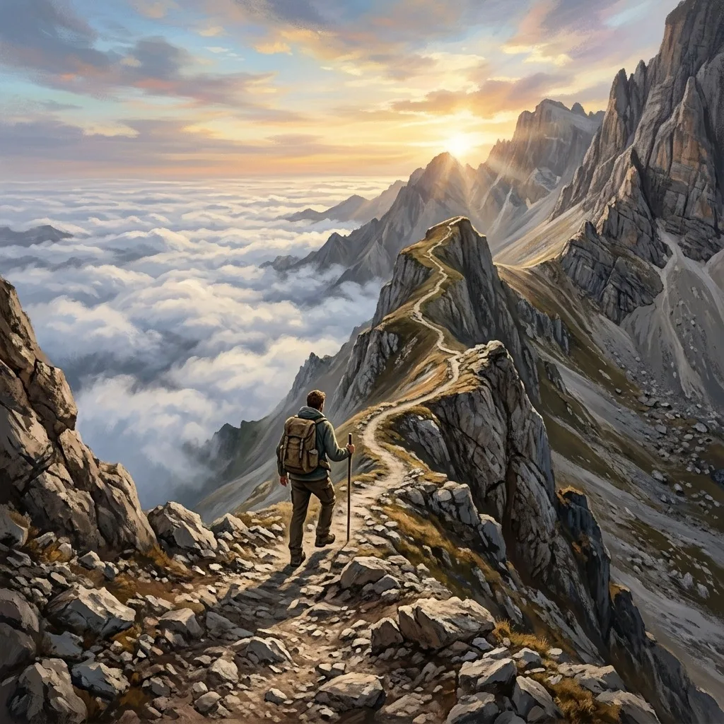 Mountain path leading above the clouds