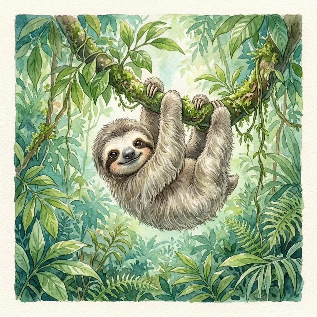 Baby sloth hanging from a leafy branch