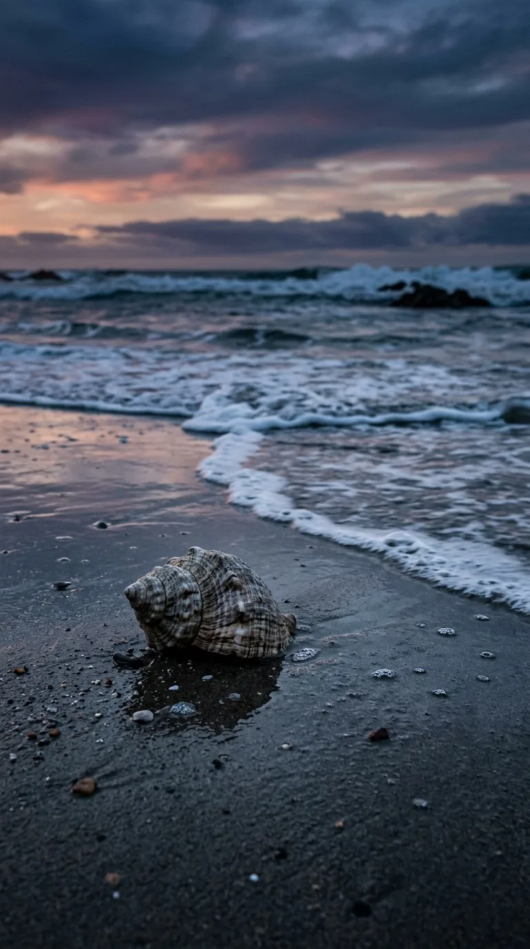 A spiral shell on wet reflective sand.