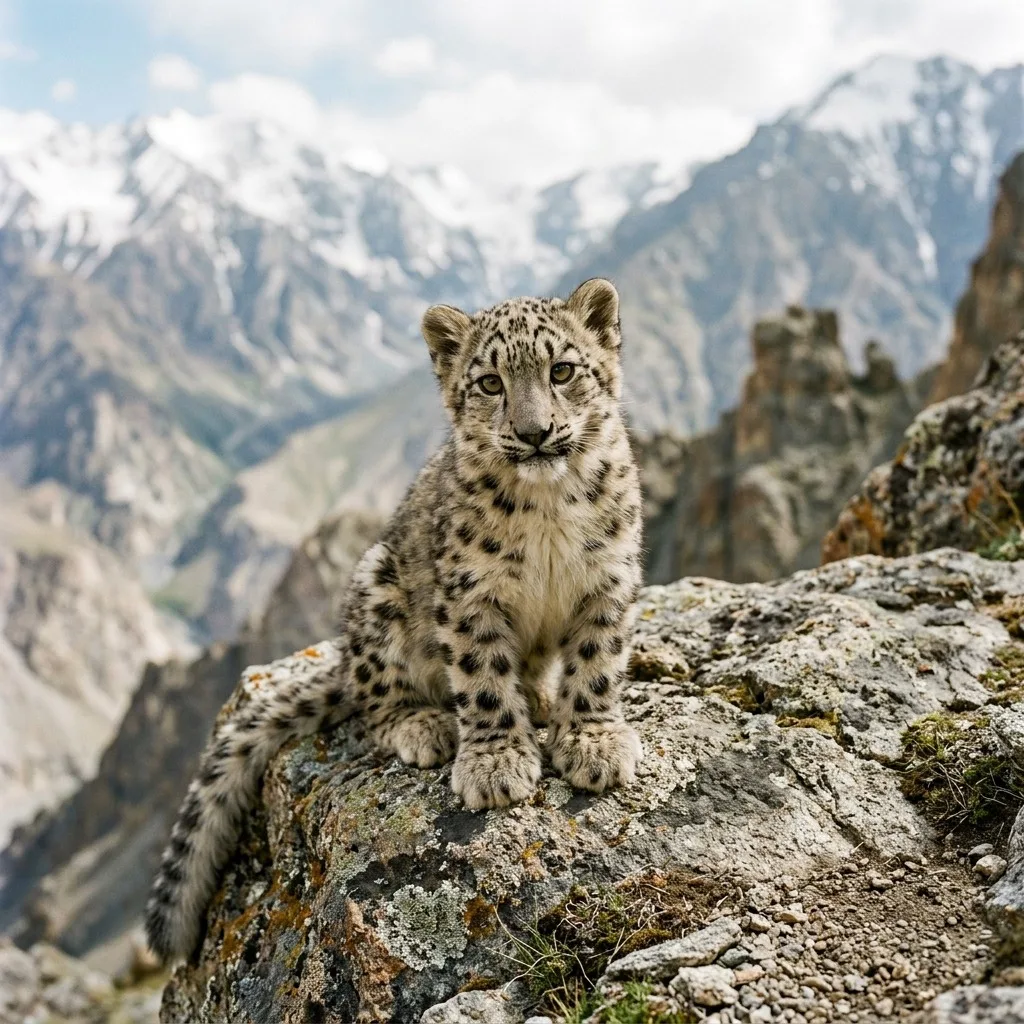Snow leopard cub on a rocky ledge