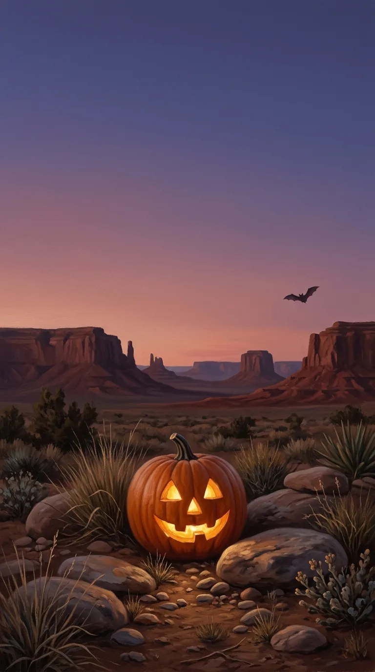 A bright jack-o-lantern rests among desert rocks below distant red mesas at twilight