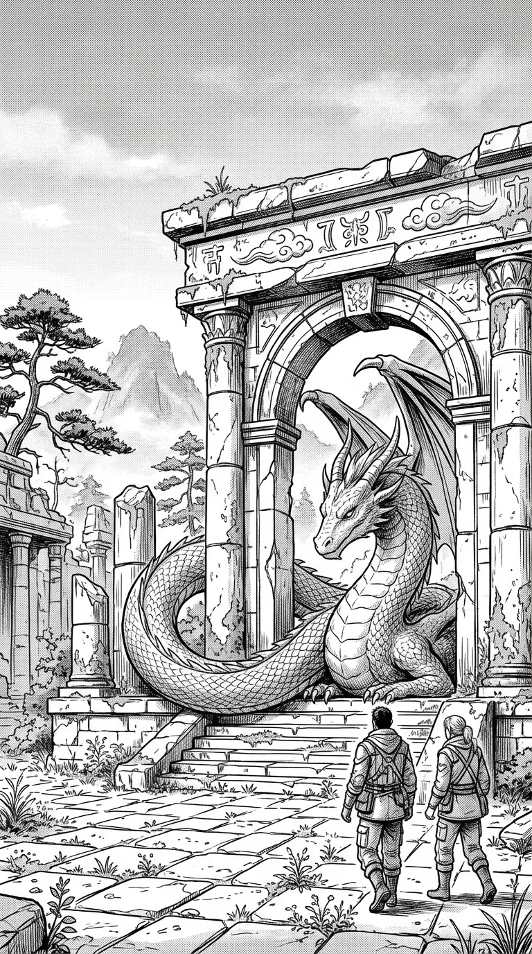 A calm dragon coiled around a ruined gate.