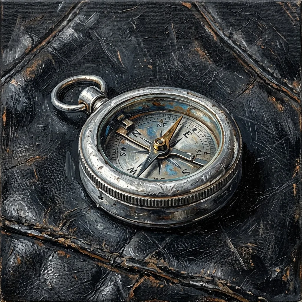 Silver compass on weathered black leather
